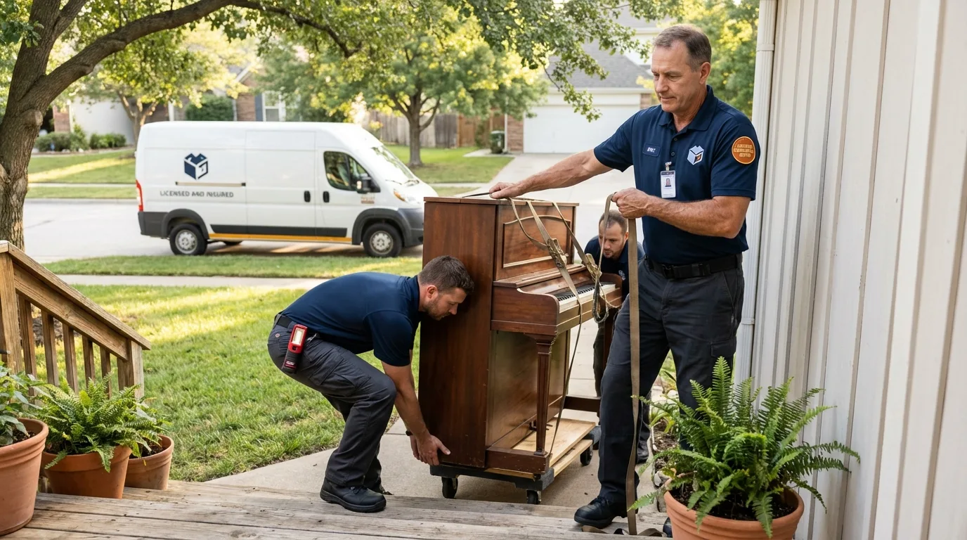 Licensed piano movers securing grand piano in Vineland, NJ