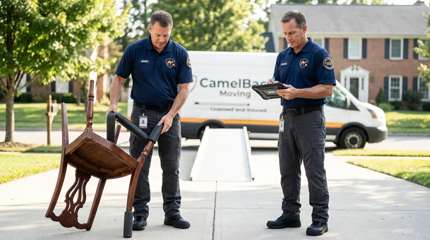 Movers inspecting furniture for damage prevention before loading in Vineland, NJ